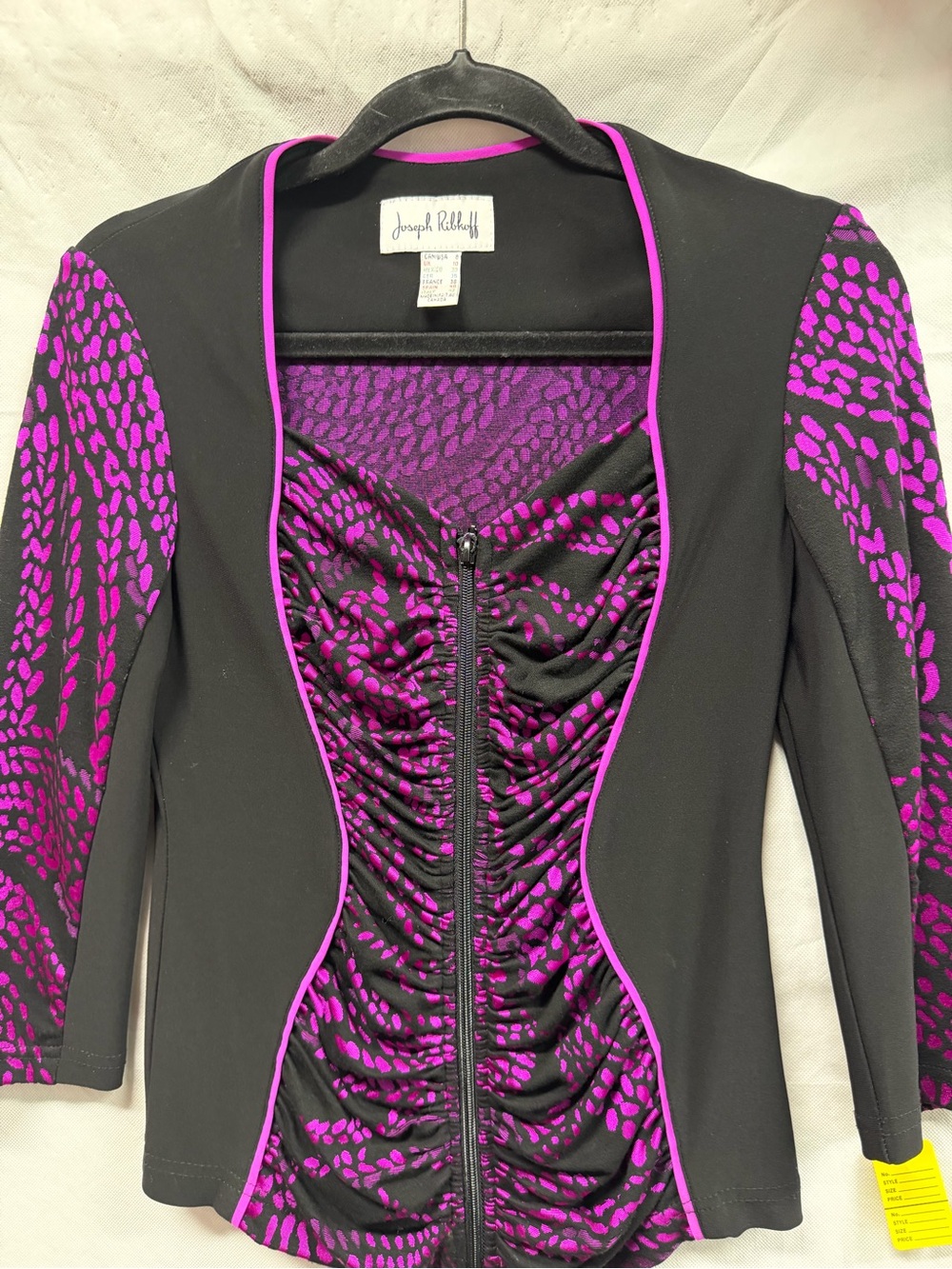 Joseph Ribkoff Black and Purple Ruched Zip-Front Blazer with Patterned Panels